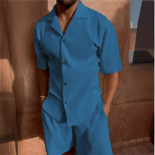 Corduroy Casual Polo Collar Sports Men's Solid Color T-shirt Shorts Set - Image 2