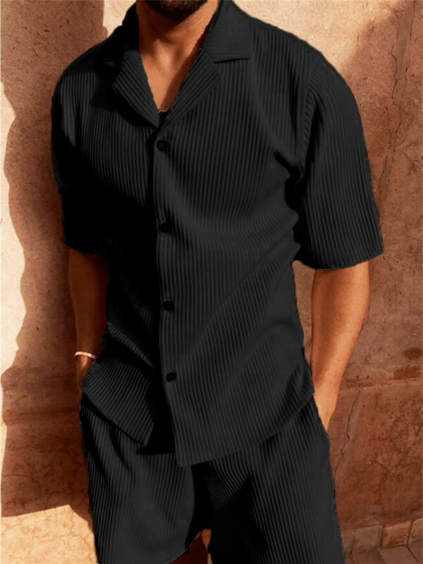 Corduroy Casual Polo Collar Sports Men's Solid Color T-shirt Shorts Set - Image 6